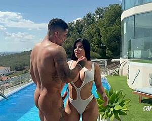 oiled latina sara retali bends for leo santos' bareback pounding in garden.