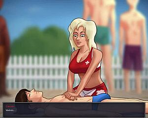 Blonde gulps massive cock cum through gloryhole in summertime saga cassie scene.