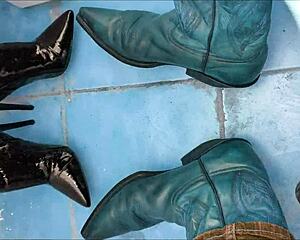 she pees all over those sexy ankle boots in the wildest shoe fetish scene