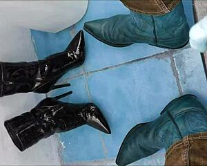 she pees all over those sexy ankle boots in the wildest shoe fetish scene