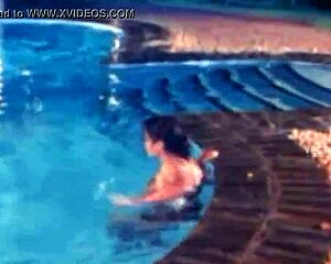 Hot unmarried couple chills and flirts poolside in sexy wedding vibes