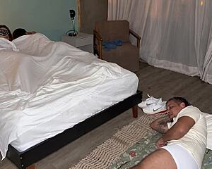 cheating on him right beside her husband in lingerie with deepthroat creampie