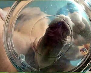 gilf gets slowmo cumshot in water from her friend's huge cock handjob finish