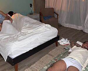 cheating on him right beside her husband in lingerie with deepthroat creampie