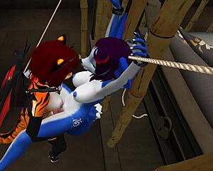 blue vixen shemale fucked hard in latex furry bdsm with deep blowjob action