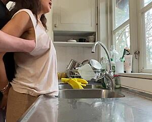 Horny Wife Fucked Doggystyle In Kitchen By Husband While Washing Dishes