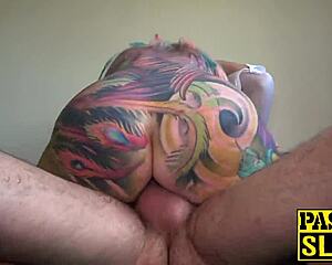 Busty Inked Babe Bent Over for Big Cock Domination