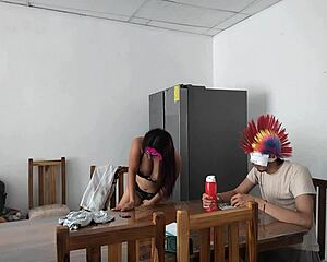 oh man, this sexy latina housemaid gropes her natural tits sensually flirtin with dildo feedin the blind guy
