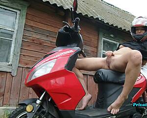 russian biker hides wet pussy tease outdoors
