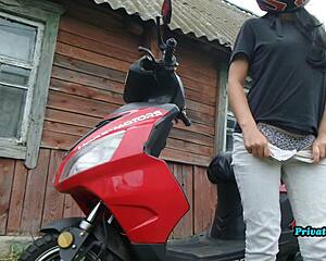 russian biker hides wet pussy tease outdoors