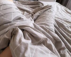Early morning college girl fingers her creamy shaved pussy moaning to orgasm before class!