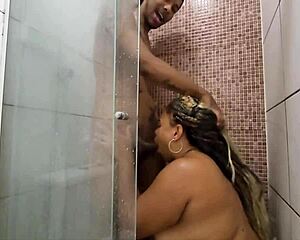 Big ass black teen bathes taking monster cock bareback bent over in interracial cuckold quickie.