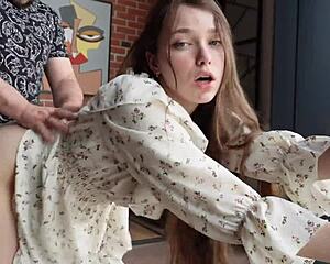 stepsister spreads legs wide on floor for rough creampie pounding and blowjob