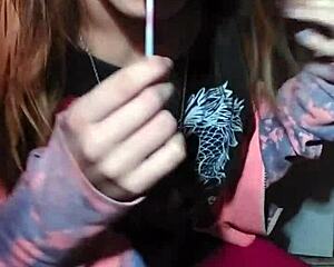 Pretty petite blonde Bonneyuwu teases with 3 25 lipstick lollipops softly