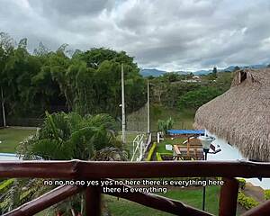 my colombian milf housewife neighbor's huge ass bounces on my bbc doggystyle on the balcony, exhibitionist pussy lips dripping as everyone watches