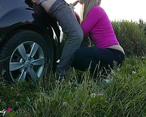 horny taxi driver bends blonde teen over car for doggystyle cumshot at sunset