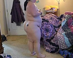 bbw brunette strips lingerie teases huge natural tits slowly