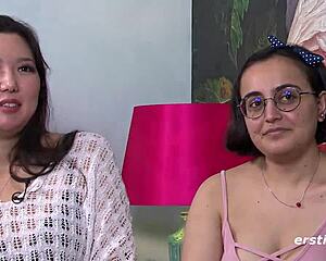 two hot german lesbian babes with glasses kissing and licking shaved pussies 😍🔥 using vibrators till they cum hard together