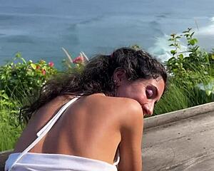security guard spots skinny naughty teen in garden and bends her over for outdoor creampie pounding with sea view.