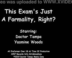 yasmine woods endures intense humiliation exam in latex gloves heels skirt up for spanking and spreading