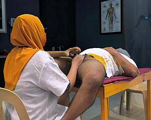 hijab doctor checks patient's small cock then plays with it in homemade exam