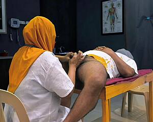 hijab doctor checks patient's small cock then plays with it in homemade exam