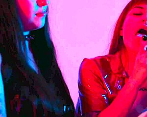 latina femdom brunette binds redhead slave forcing wet pussy toe worship