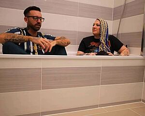 Livie steps from the bath for a steamy backstage interview with tattooed Frankie Jax