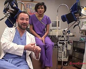 Jackie Banes the latex nurse in heels spreads her skirt for patient humiliation checkup