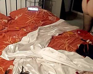 french milf slips into full red satin bodysuit with stockings and heels for intense pussy licking blowjob rimming and doggy