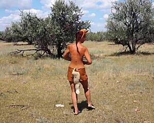 Shy Aboriginal Mature Cosplays and Dances Outdoors in Costume