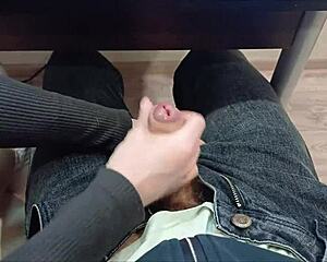 Jerked off classmate's cock under desk during lecture in miniskirt heels socks