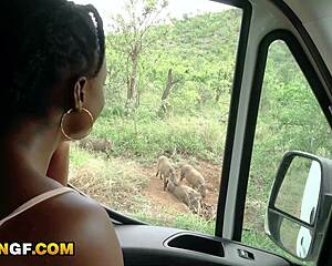 ebony girlfriend gags on thick white cock deepthroat during wild safari fuck