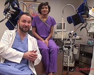 Jackie Banes the latex nurse in heels spreads her skirt for patient humiliation checkup