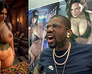 Fat breasted Lara Croft cosplayer in snow white bukkake lactates and fucks cock hard.