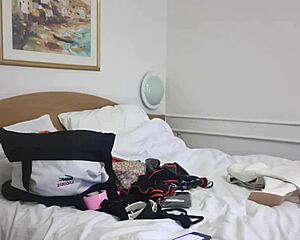 horny MILF babe GETS TOPLESS while prepping makeup showing off big ass tits and shaved pussy