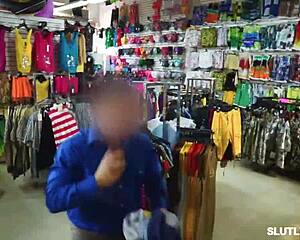 shoplifter mads flores caught stealing clothes now rides big cock in office cowgirl!