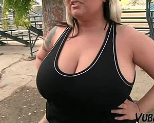 fat granny milf with huge tits kneels for young cock facial blast