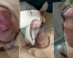 he jerks his tiny foreskin cock while watching his young girlfriend masturbate her wet pussy and tits to orgasm - part 17