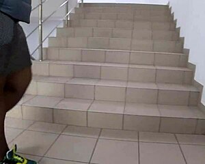 Public FAT LEGS in nylon pantyhose juicy PAWG under mall skirt on stairs