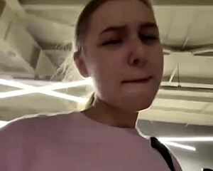 Chubby 18yo teen spreads fat pussy for public gym fingering and hardcore fucking on webcam