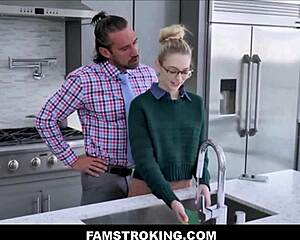 cute tiny blonde teen gets fucked to orgasm by her stepdad in the kitchen