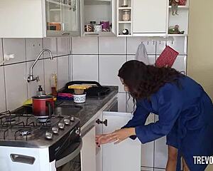 curvy ebony bends over kitchen counter for morning doggystyle pussy lick to orgasm fuck