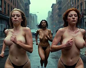 ai-generated future rave mud run in south bronx - ai girls racing almost naked with bouncing tits getting dirty in rainy streets