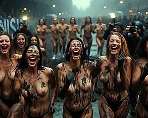 ai-generated future rave mud run in south bronx - ai girls racing almost naked with bouncing tits getting dirty in rainy streets