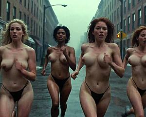 ai-generated future rave mud run in south bronx - ai girls racing almost naked with bouncing tits getting dirty in rainy streets