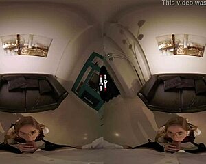 Dark room vr session with redhead riding and clothes ripped