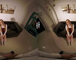 Dark room vr session with redhead riding and clothes ripped
