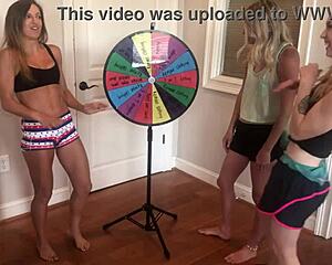 Four girls stripping with wedgie wheel