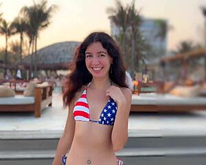 brunette beach club girl meets guy and heads to locker room